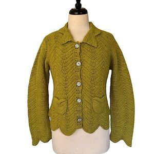 Vintage Lambswool Blend Rhinestone Button Cardigan Green Size Medium